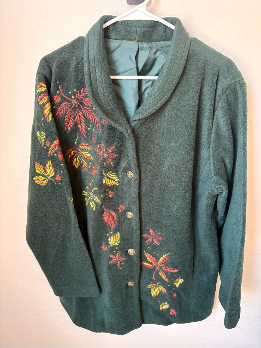 Bob Mackie Wearable Art Green Women's Embroidered Floral Fleece Jacket